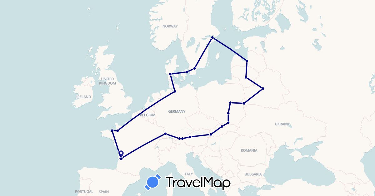 TravelMap itinerary: driving in Austria, Belarus, Germany, Denmark, France, Lithuania, Latvia, Poland, Sweden, Slovakia (Europe)